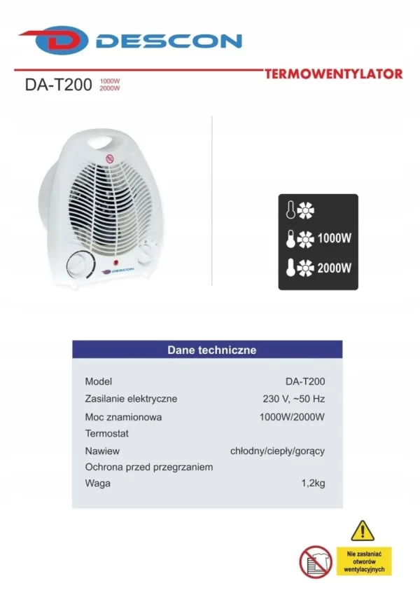 Termowentylator DESCON DA-T200 1000/2000W - obrazek 4